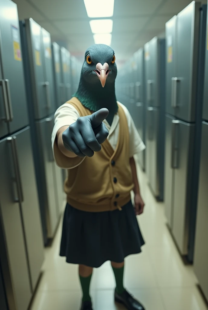 ((Highest quality)), ((masterpiece)), (Pointing his finger towards me), (birds-eye view:2), (wide shot), (Grass ground), 怒りの表情で口を開けたGray female pigeonがオフホワイトで襟付きのshort-sleeved shirtに薄茶色のベストを着てひざ丈の黒いスカートに濃い緑の靴下と黒の靴を履いて、とてもたくさんの最新の冷蔵庫に囲まれながらPointing his finger towards me, (Gray female pigeon), (short-sleeved shirt), Photorealistic images。