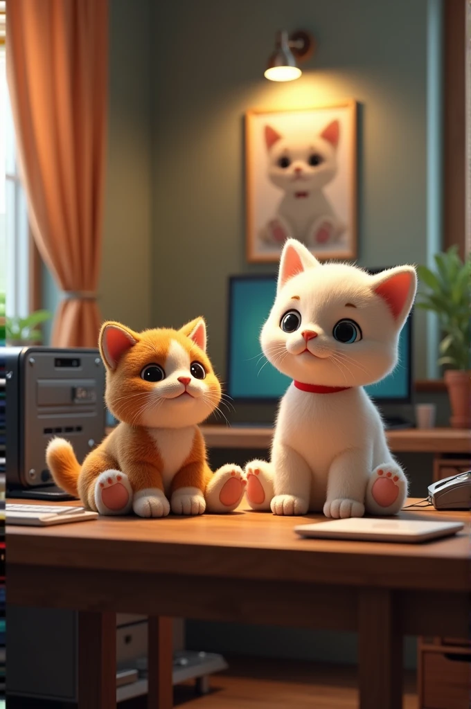 Put an office with a computer, two animatronic stuffed animals of a cat and a dog on a wooden table where there will be three computers and you will see a telephone and there will be a poster behind with an animatronic cat and dog with lights like a spotlight hanging above.