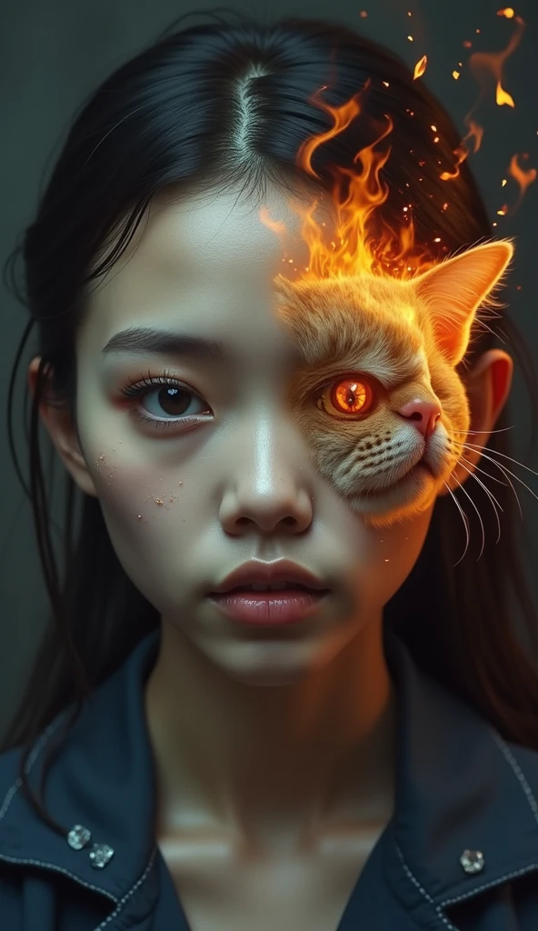 front side of a asian woman, mullet hair,wear navy torn pajamas , creates and destroys hands, one eye shedding tears of beauty and light, the other crying flames that incinerate and consume, representing the dual forces of creation and destruction. Settings: Ultra-detailed , realistic photography, concept art, dynamic movement pose ,hug a chubby orange cat ,dark gothic architecture bg