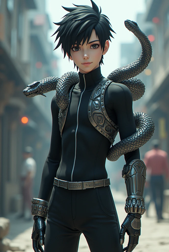 A boy in the Naruto universe from the Hyuga clan with one eye who has a metal hand, two metal snakes and a black suit