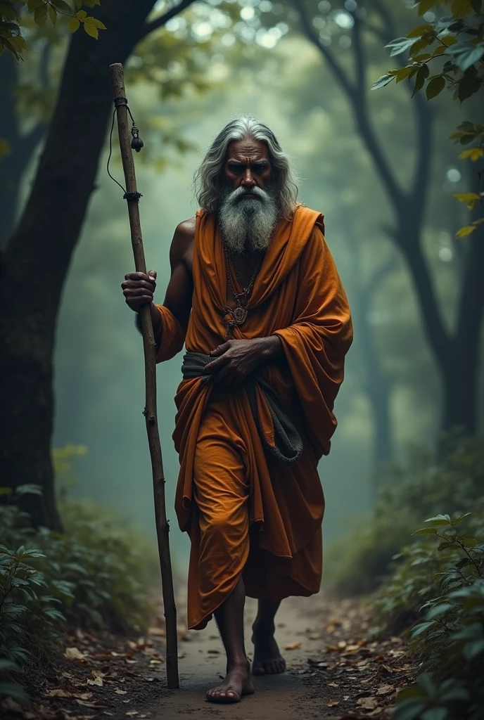 Lonely forest : One Indian sadhu walking alone on a dimly lit street, carrying the weight of anger and hatred.