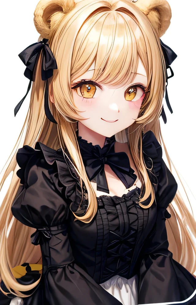 girl、No background、No background、Background by、Yellow hair、Brown hair，One side dyed、Two knots、Double tail、Theme Bangs、Bangs、Aligned bangs、Chalem、Drooping eyebrows、Zhuo Anbi、Marovi、Round eyebrows、Yellow eyes、Yellow eyes、Bear ears、Bear ears、piece、Lolita Fashion、Lolita costume、Ruffles、Bow ribbon、a smile、Kawaii、No background