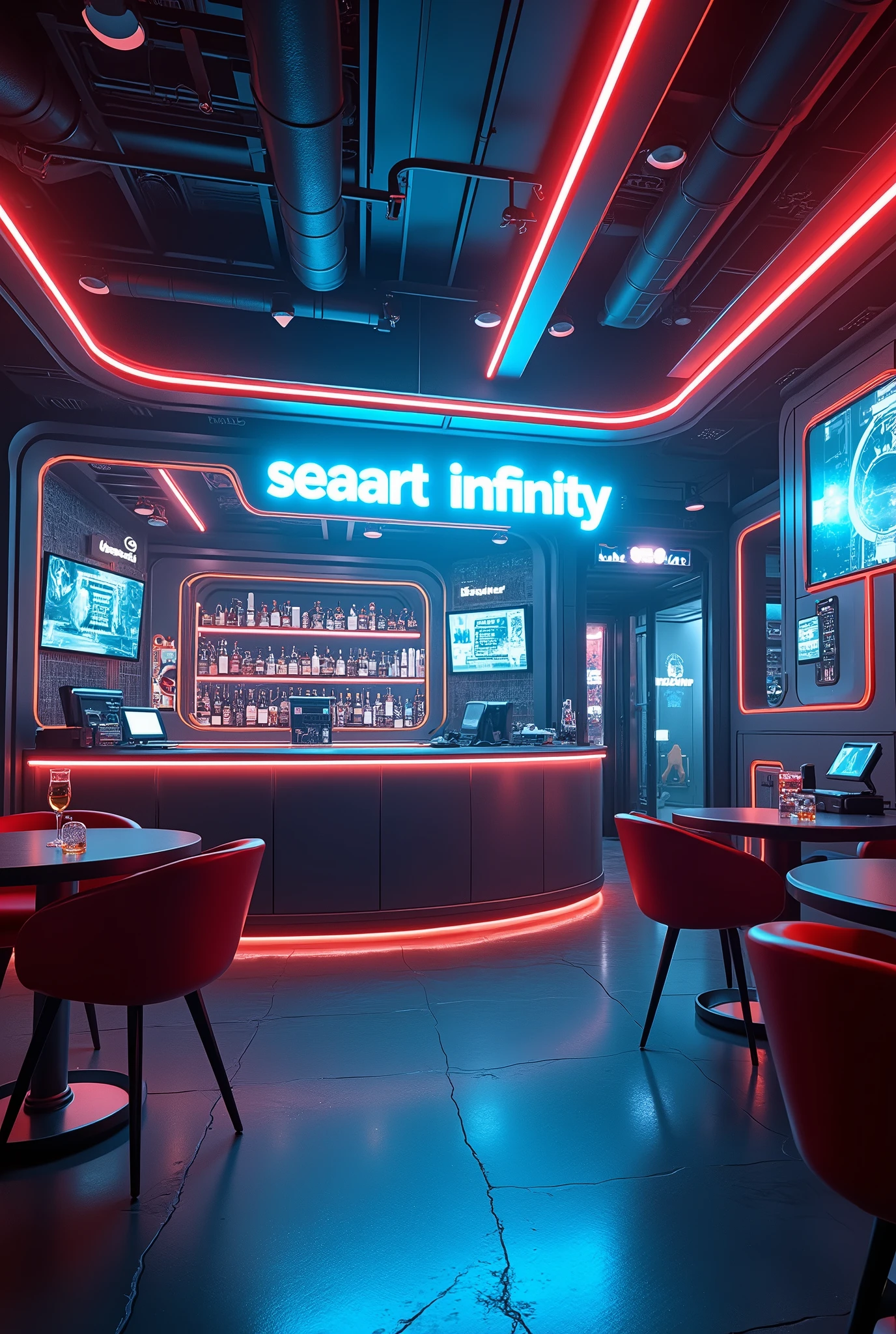 Photographic grade，Movie quality，CG Wallpaper，An interior view of a cyber bar with a strong atmosphere，Store name displayed on bar counter"SeaArt Infinity"