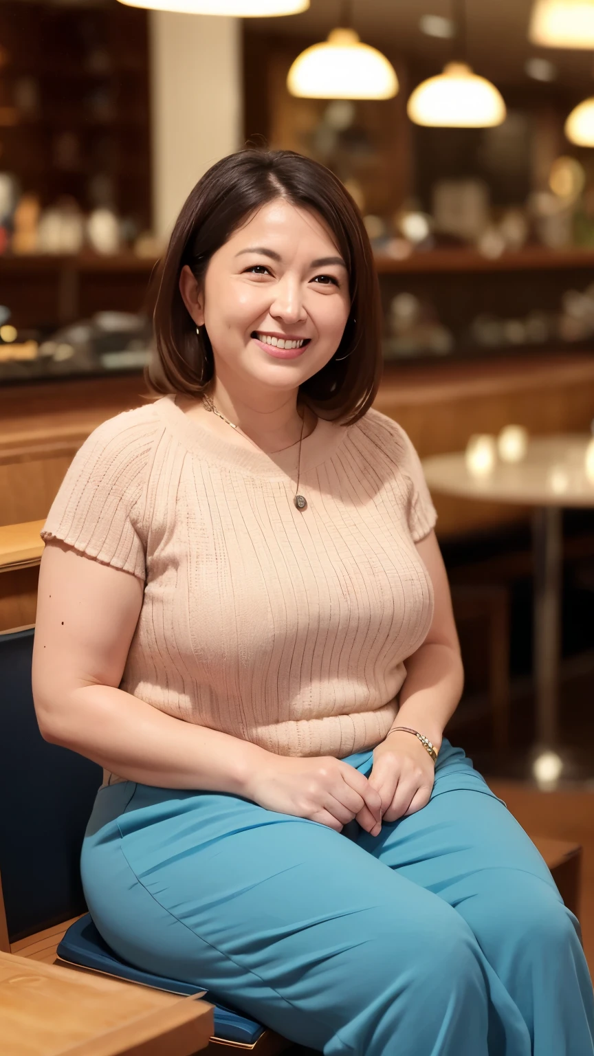 8k wallpaper, masterpiece, Highest quality, Very detailed, One Mature Woman, 50 years old, Become very clear, Wearing a short-sleeved knit, Skin dents, Captivating smile, Looking at the audience, No lapel microphone, Plump, Curvaceous, Attractive face, Smiling with teeth showing, I was happy, sitting in a cafe, Background Blur