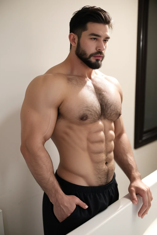 ((best quality)), ((masterpiece)), (detailed), perfect big detailed hairy plump muscle man in bath , beard, dark skin color, skinhead, Japanese men,  In black boxer and short hair, full body 