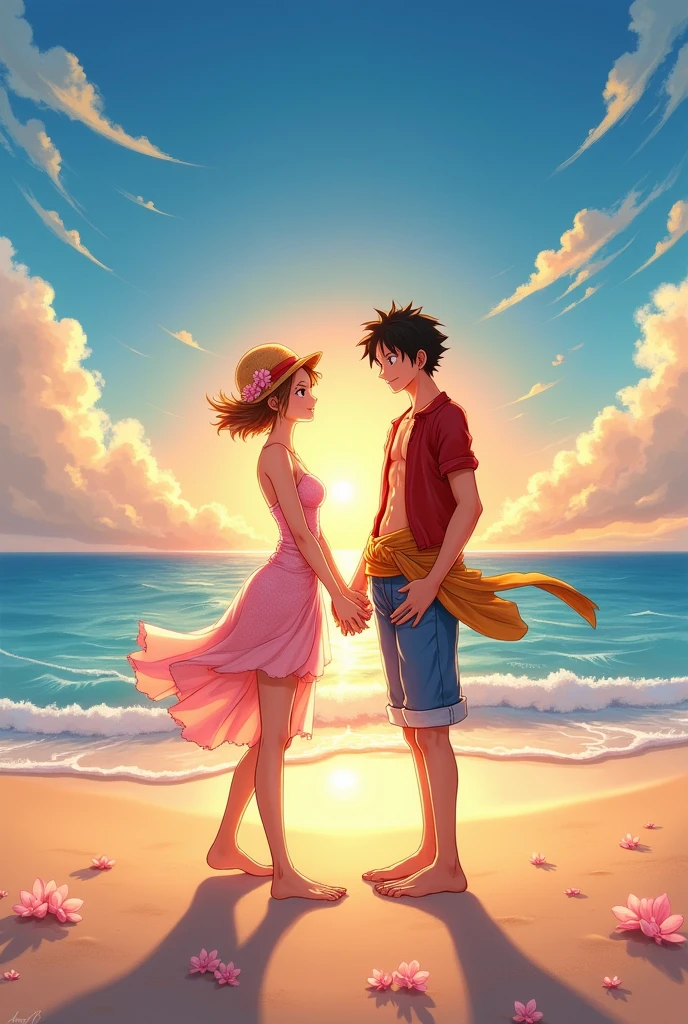 Golden sunset hues illuminate the beachside setting as Luffy stands tall alongside the majestic Empress, her ethereal skin glistening with a fine dusting of powder pink. Soft, wispy clouds drift lazily across the vibrant blue sky, while gentle waves caress the shoreline. The two friends share a warm, playful moment, their joyful energy radiating like a ray of sunlight.