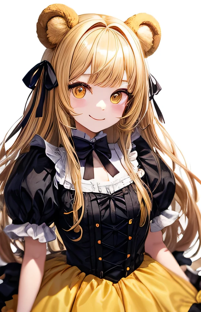 girl、No background、No background、Background by、Yellow hair、Brown hair,One side dyed、Two knots、Double tail、Theme Bangs、Bangs、Aligned bangs、Chalem、Drooping eyebrows、Zhuo Anbi、Marovi、Round eyebrows、Yellow eyes、Yellow eyes、Bear ears、Bear ears、piece、Lolita Fashion、Lolita costume、Ruffles、Bow ribbon、a smile、Kawaii、No background