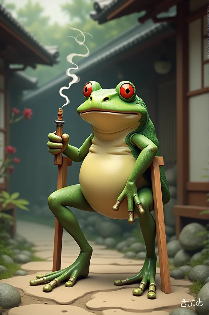 A Japanese frog sitting on crutches, smoking a joint in a Japanese setting 