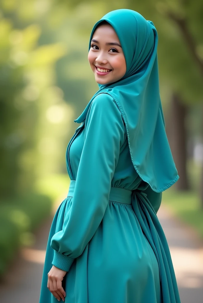 hijabi, Best quality, masterpiece, ultra high res, (photorealistic:1.4), raw photo, 1girl, batik dress, framing by flower field, glowing skin, light smile, low angel, pose as pro