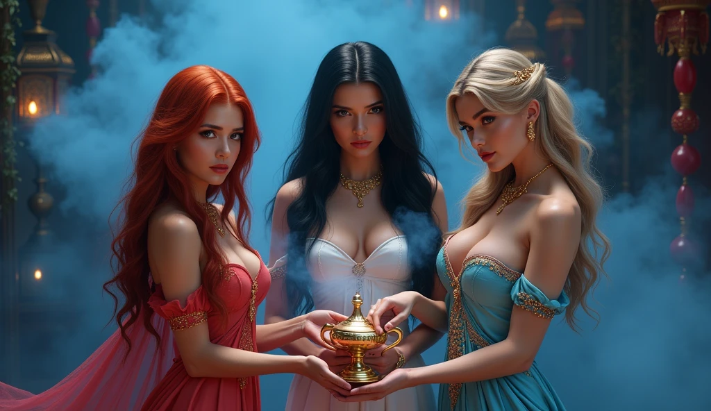 ultra realistic, photography, three girls: one with long straight red hair, (30 years old, hourglass figure, perfect body, natural medium breasts), the second one: long black straight hair, (30 years old, hourglass figure, perfect fit body, natural big breasts), the third one with long straight blonde hair, (wavy elegant hair, blue eyes, perfect round lips, 30 years old, gorgeous face, voluptuous figure, perfect fit body, big enhanced breasts), they have perfect round cleavage, great cleavage, original Princess jasmine costumes, oriental jewelry, oriental background, holding the magic lamp from aladdin, rubbing the magic lamp of aladdin, thick blue smoke is filling the background