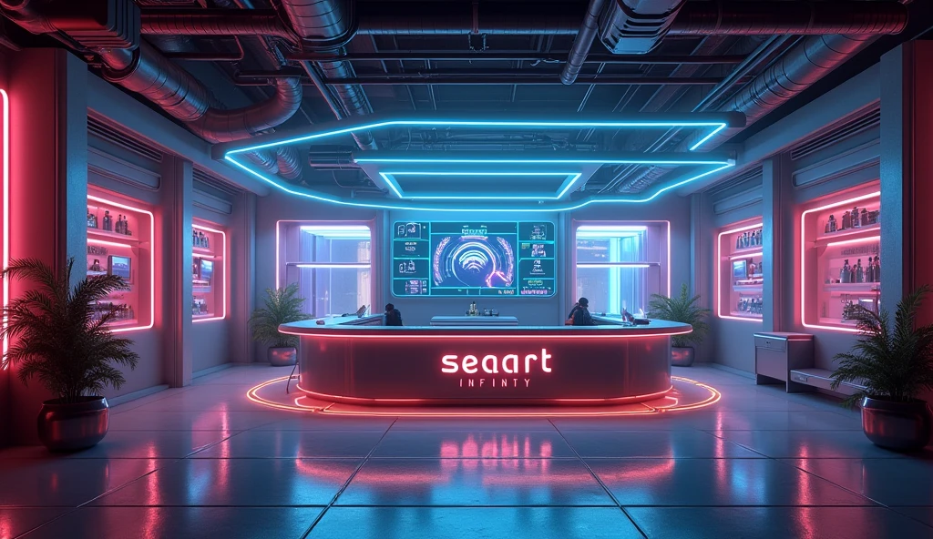 Photographic grade,Movie quality,CG Wallpaper,An interior view of a cyber bar with a strong atmosphere,Store name displayed on bar counter"SeaArt Infinity"