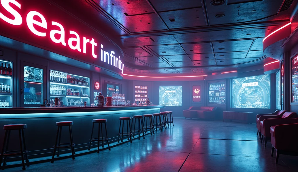 Photographic grade,Movie quality,CG Wallpaper,An interior view of a cyber bar with a strong atmosphere,Store name displayed on bar counter"SeaArt Infinity"