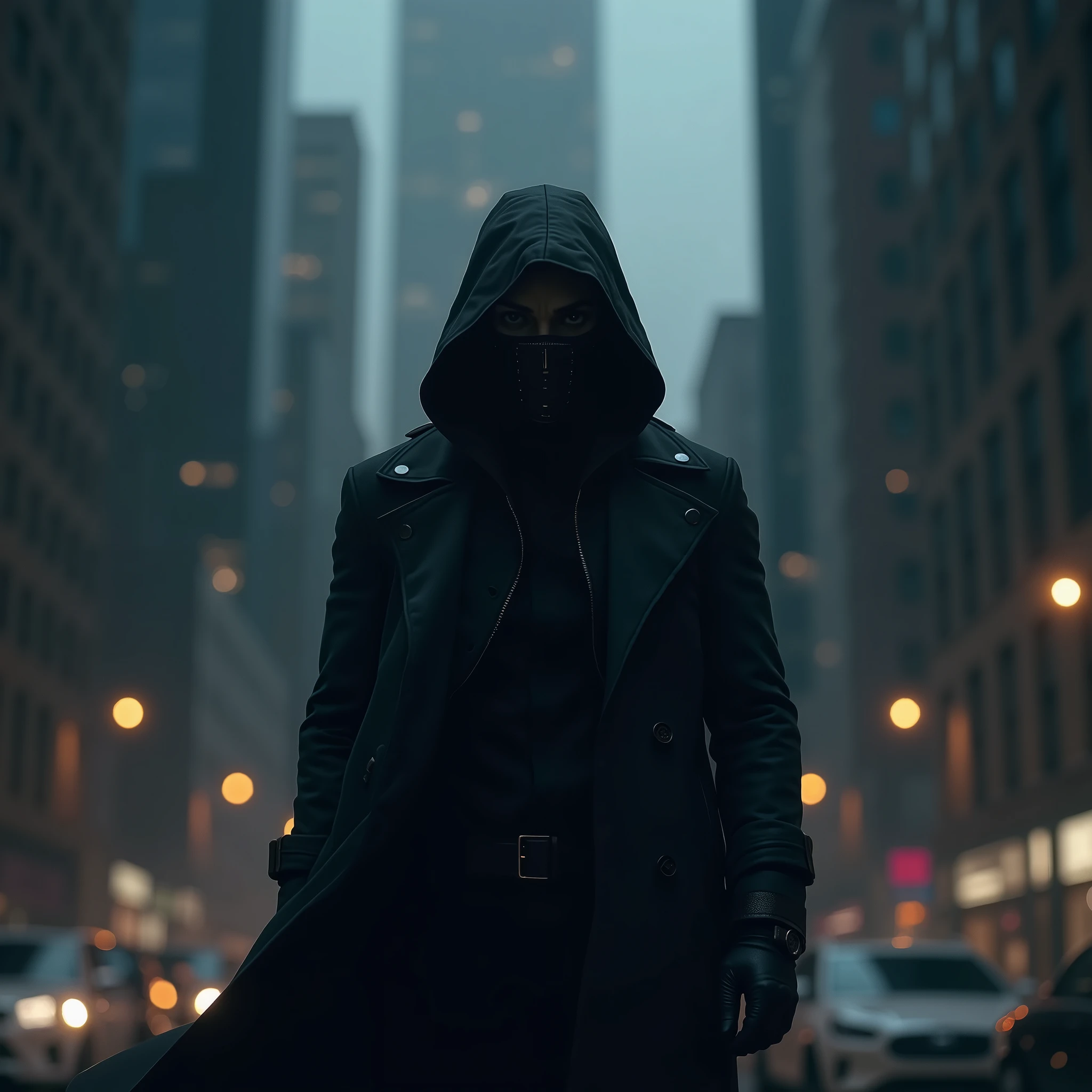 a man wearing a mask and a hood, The background is a city, at night