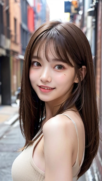 (((Face close-up)))、(((Brown straight hair)))、(((She is photographed with the backdrop of a New York alleyway、Posing like a model at a hair salon。.)))、(((She is wearing casual clothes suitable for early summer..。shoulders are hidden)))、(Natural laughter:1.25)、Half Japanese, Half Korean、1 girl、Independent、I&#39;m looking forward to、Light eye makeup、Brown Hair Color、Flat 、Hair blowing in the wind、Quality of actress、Shiny, Ultra-realistic faces、smile、Watery eye、look up、Subtle lighting effects、 Ultra-Realistic Capture、Very detailed、High resolution 16K human skin closeup。Skin texture must be natural、The detail must be such that the pores are clearly visible.、skin is healthy、Even Tone、Use natural light and colour、Worn out, High quality photos taken by modeling agencies&#39;In-house photographer.、smile、(((Sigma 300mm F/1.4,1/1000 sec shutter,ISO400)))、The background is F-stop 1...4 is blurry
