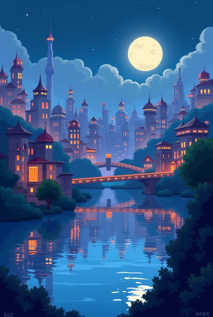 I need a background for the cover of a story (do not put the title) that is in the Habbo game model, with a city with a lake at night. 