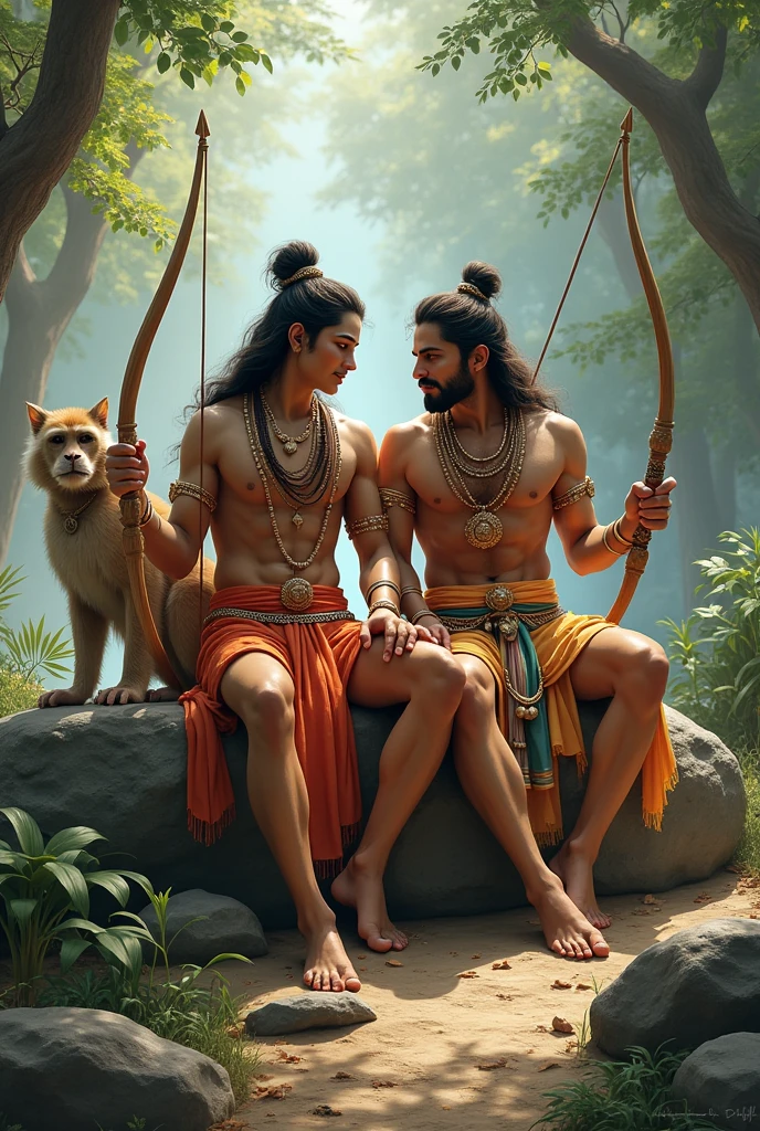 God
Ram & laxman with bow sited on stone with hanuman beside