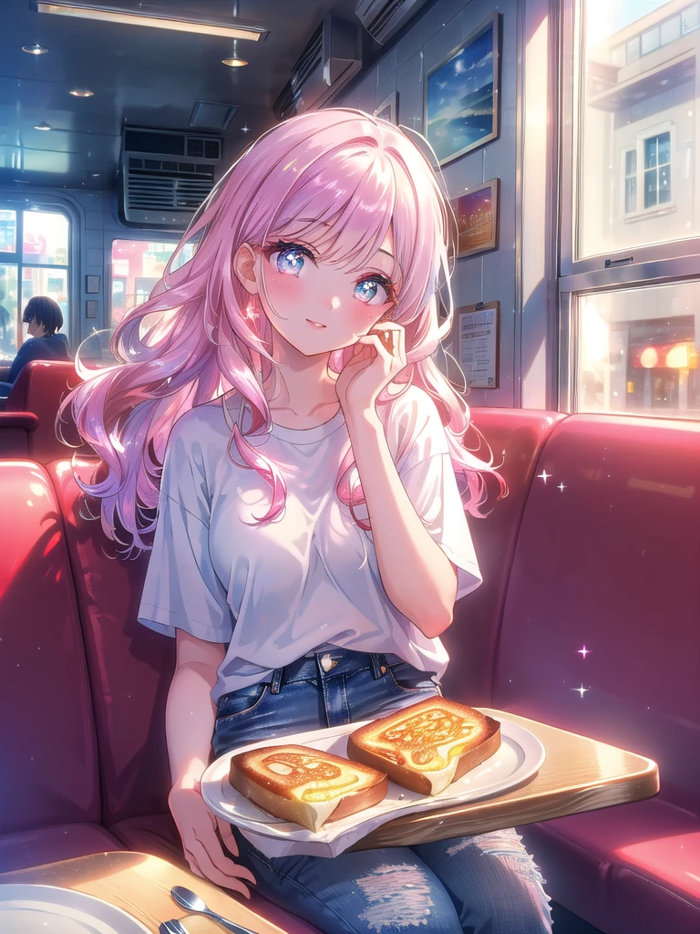 ((8k, Highest quality, masterpiece: 1.3)),Ultra-high resolution,(1 girl, alone), (Color changing eyes, Ultra-detailed, Expressive brilliance, Glitter, Glowing Eyes), Highly detailed eyes, Highly detailed face, Random Hair, ((pastel colour)),The girl is sitting at a booth in a cozy diner, enjoying a stack of pancakes with syrup and a glass of orange juice. She’s dressed in a casual, plaid shirt over a white tank top and a pair of denim shorts. Her hair is loose and slightly wavy, framing her face as she takes a bite of the pancakes, a content smile on her lips. The diner is bustling with activity, with a few other customers chatting and the smell of coffee and bacon filling the air. The morning sunlight streams through the windows, creating a warm and welcoming atmosphere. (morning light, casual outfit, content expression, diner scene)