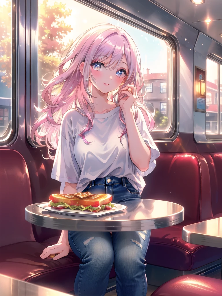 ((8k, Highest quality, masterpiece: 1.3)),Ultra-high resolution,(1 girl, alone), (Color changing eyes, Ultra-detailed, Expressive brilliance, Glitter, Glowing Eyes), Highly detailed eyes, Highly detailed face, Random Hair, ((pastel colour)The woman sits at a sleek, modern diner, where a small plate with a grilled cheese sandwich and a side of tomato bisque is placed before her. She’s wearing a simple white T-shirt tucked into high-waisted jeans, her hair down and slightly tousled. The interior is bright, with chrome accents and large windows letting in the midday light. She gazes at the camera with a soft, affectionate expression, her head tilted slightly as if she’s listening intently to her boyfriend, her lips curved in a gentle, understanding smile.
