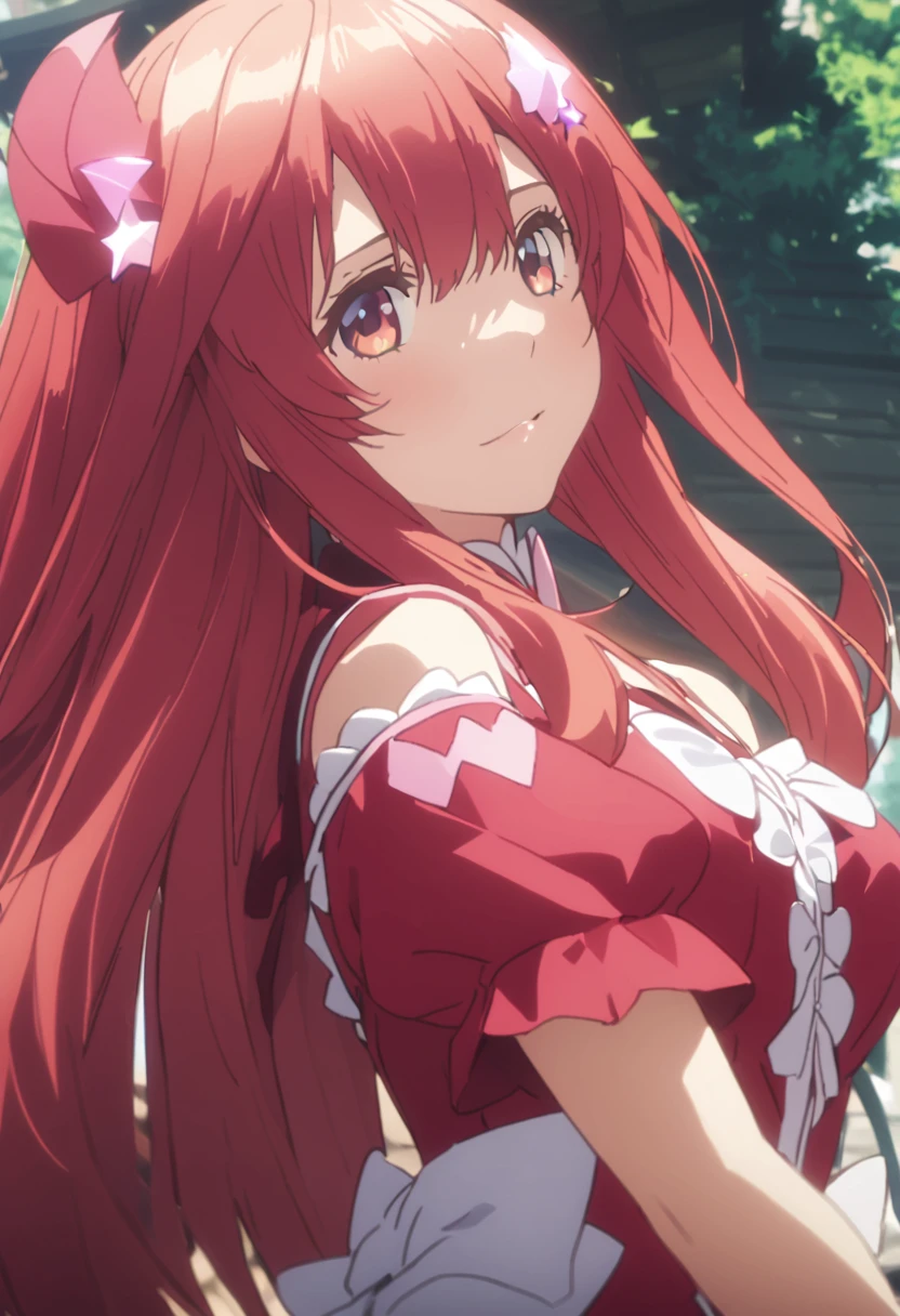 ((Highest quality))((High resolution))nakano itsuki, Red long hair, Star hair ornament, Ahoge, bikini, smile, Big Breasts, Beach,((see through bikini)),((erect nipples))