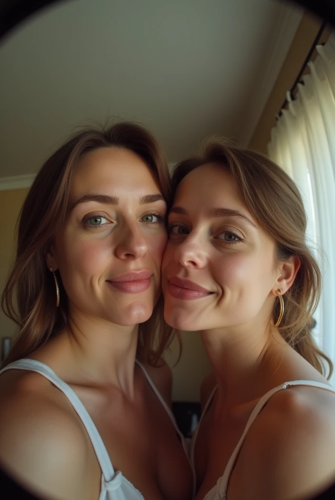Your POV view when you have two lesbian mothers while making out at home . fisheye camera view, iphone camera style. HD, realface, cinematic