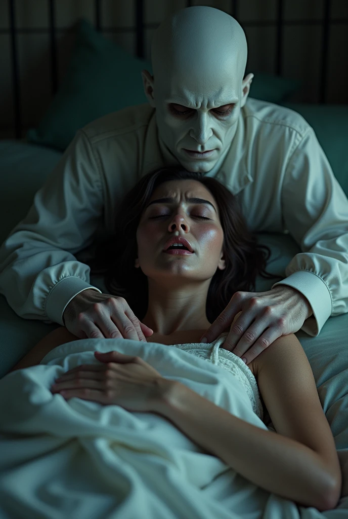 hyper realistic image,A picture of a woman lying on her side and crying on the bed.,There is a ghost of a man sitting behind her, his hand on her shoulder, looking sad.