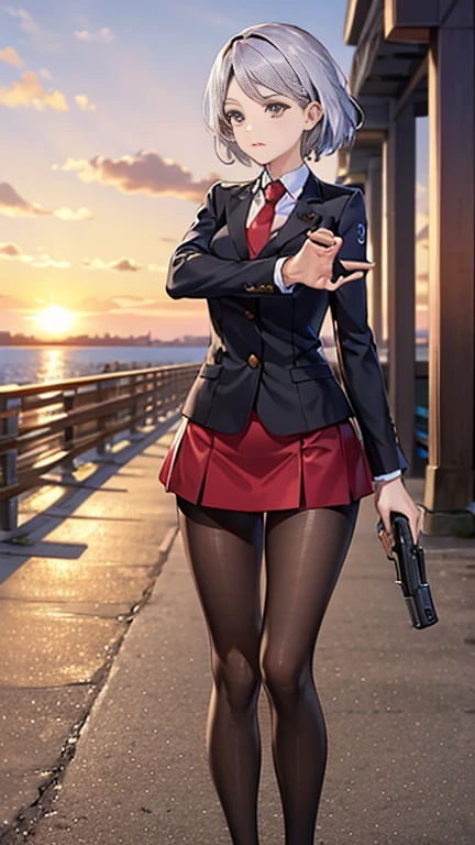 Highest quality、Ultra HD、One Woman、(Silver short hair 1.3)、(Red blazer 1.3)、(Red tie)、(shirt)、(Red Heel 1.1)、((Red Mini Tight Skirt))、((Black tights 1.2))、((1 Shooting a gun with both hands.5))、Stylish、Beautiful Faces、(Black belt 1.2)、2 female、Glamorous Body、(Sunset slum background 1.2)、((A clear and beautiful touch))