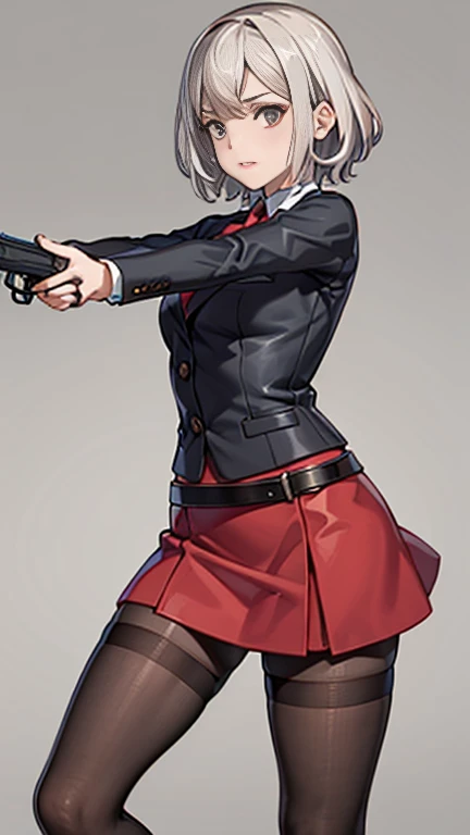 Highest quality、Ultra HD、One Woman、(Silver short hair 1.3)、(Red blazer 1.3)、(Red tie)、(shirt)、(Red Heel 1.1)、((Red Mini Tight Skirt))、((Black tights 1.2))、((1 Shooting a gun with both hands.5))、Stylish、Beautiful Faces、(Black belt 1.2)、2 female、Glamorous Body、(Sunset slum background 1.2)、((A clear and beautiful touch))