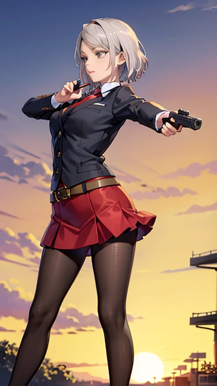 Highest quality、Ultra HD、One Woman、(Silver short hair 1.3)、(Red blazer 1.3)、(Red tie)、(shirt)、(Red Heel 1.1)、((Red Mini Tight Skirt))、((Black tights 1.2))、((1 Shooting a gun with both hands.5))、Stylish、Beautiful Faces、(Black belt 1.2)、2 female、Glamorous Body、(Sunset slum background 1.2)、((A clear and beautiful touch))