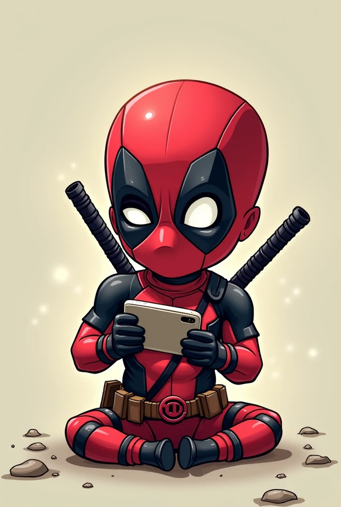 Little Deadpool checking his  phone
