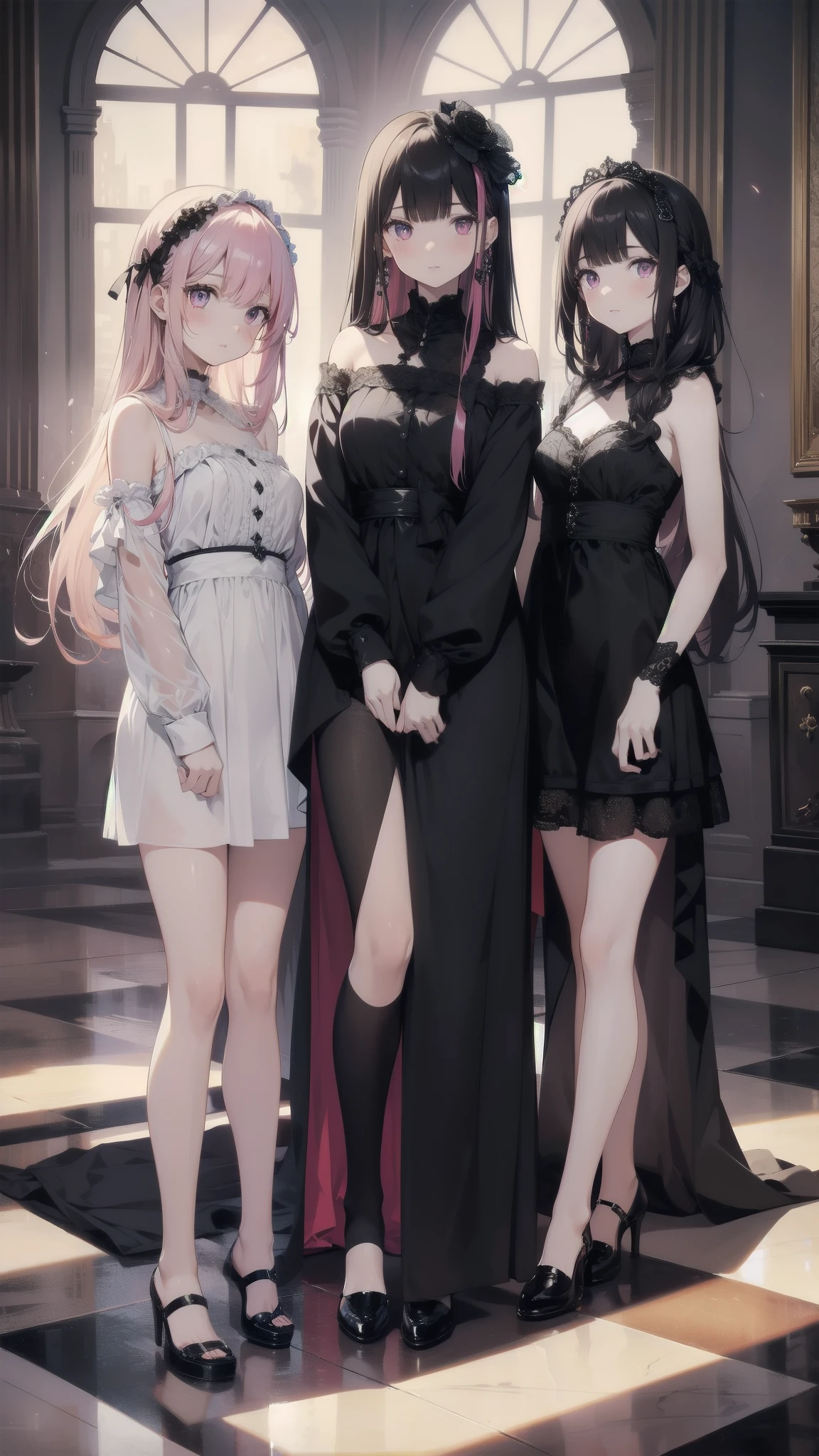 Masterpiece Top Quality

Three Girls Adorned in Delicate Dresses, their Faces Reflecting Fear and Anxiety, Akin to the Squid Game Characters

1. With Straight Long Hair, their Eyes Wide and Full of Trepidation, Pale as the Moon
2. A Young Adolescent, possibly , resembling Chiquita
3. A Matured Girl, Perhaps , exuding an Alluring Gaze

The girls stand at the foot of a grand staircase, their eyes fixed on the Shiny Pink World above, a Dreamland, adorned with Ribbons，provocative，despise