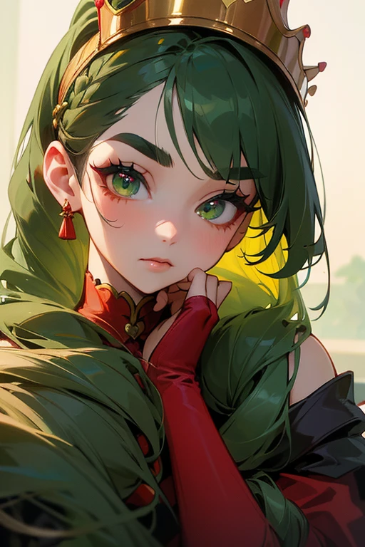 (Highest quality, masterpiece:1.2), High resolution, Very detailed, Realistic:1.37, Fantasy, An illustration, Green Eyes、Queen, Red dress.Platinum decoration、beautifully、Eyeshadow Red、Thick eyebrows、Long eyelashes、pupils are black、((Her hair is light green)).Gold crown、Kissing Face、Embarrassing、people々々々々々Loved by、ponytail、Shoulder Bare、Surprised face、Braiding、perfection、perfectionな果物、Strawberry Perfect、