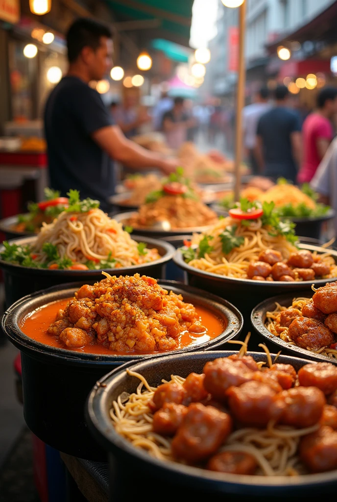 Create images of typical Asian dishes , como se fosse street food