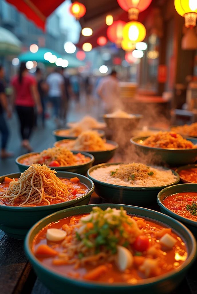 Create images of typical Asian dishes , como se fosse street food