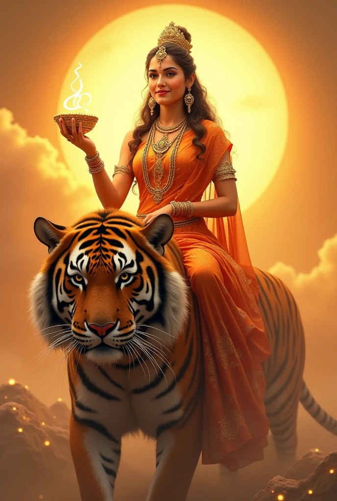 "Create an ultra-realistic image of Goddess Kushmanda Devi, radiating warmth and divine energy as she rides an enormous, majestic tigress. She should be dressed in a vibrant orange saree, symbolizing her association with the sun and her role as the creator of the universe. The saree should be richly embroidered with gold patterns and divine symbols, reflecting her regal and cosmic status. Her skin should glow with a radiant, golden light, embodying her divine nature. Her face should be serene yet powerful, with large, expressive eyes filled with wisdom and compassion, and a gentle smile that exudes confidence and grace.

In her hands, she should hold an **Amrit Kalash** (a pot filled with the nectar of immortality), symbolizing her power to grant life and health. The Kalash should be intricately designed, shimmering with divine light, emphasizing its sacred contents. 

The tigress she rides should be depicted as extremely large and powerful, with a fierce yet protective demeanor. The tigress's eyes should reflect both strength and loyalty, complementing the goddess's commanding presence.

The background should be a vibrant, celestial landscape, perhaps with a rising sun that reflects her role in creating and energizing the universe. The sky could be filled with a warm, golden glow, enhancing the divine and energetic atmosphere. The overall image should capture the essence of Goddess Kushmanda Devi’s creative power, warmth, and divine authority, presented in a highly realistic and detailed manner, with the giant tigress underscoring her strength and protective nature."