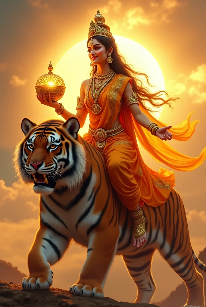 "Create an ultra-realistic image of Goddess Kushmanda Devi, radiating warmth and divine energy as she rides an enormous, majestic tigress. She should be dressed in a vibrant orange saree, symbolizing her association with the sun and her role as the creator of the universe. The saree should be richly embroidered with gold patterns and divine symbols, reflecting her regal and cosmic status. Her skin should glow with a radiant, golden light, embodying her divine nature. Her face should be serene yet powerful, with large, expressive eyes filled with wisdom and compassion, and a gentle smile that exudes confidence and grace.

In her hands, she should hold an **Amrit Kalash** (a pot filled with the nectar of immortality), symbolizing her power to grant life and health. The Kalash should be intricately designed, shimmering with divine light, emphasizing its sacred contents. 

The tigress she rides should be depicted as extremely large and powerful, with a fierce yet protective demeanor. The tigress's eyes should reflect both strength and loyalty, complementing the goddess's commanding presence.

The background should be a vibrant, celestial landscape, perhaps with a rising sun that reflects her role in creating and energizing the universe. The sky could be filled with a warm, golden glow, enhancing the divine and energetic atmosphere. The overall image should capture the essence of Goddess Kushmanda Devi’s creative power, warmth, and divine authority, presented in a highly realistic and detailed manner, with the giant tigress underscoring her strength and protective nature."