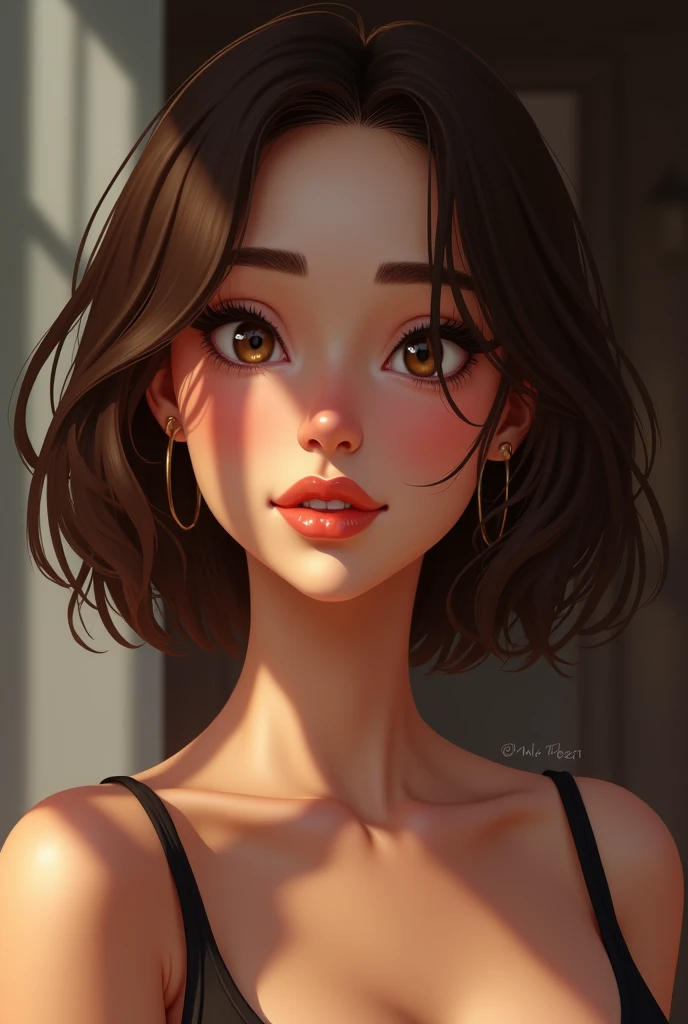 une jeune femme avec un visage légèrement provocateur et espiègle. Elle a des cheveux bruns, coupés au carré avec une raie au milieu, tombant légèrement au niveau des épaules. Sa peau est légèrement bronzée, douce et sans imperfections visibles. Ses yeux sont de couleur marron clair, avec une lueur brillante qui dégage une touche de malice. Ses sourcils sont bien définis et légèrement arqués, ajoutant à son expression une allure plus coquine. Elle a des lèvres pleines, légèrement pulpeuses, avec un sourire subtil et séduisant qui accentue l'aspect coquin que l'on recherche. Sa mâchoire est bien définie, avec des pommettes légèrement saillantes, ce qui ajoute une dimension de confiance à son expression faciale. Le tout doit dégager une allure à la fois élégante et légèrement provocatrice, avec une attitude sensuelle.
