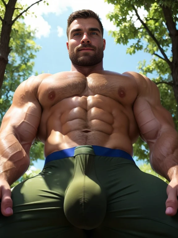 Wide Angle,8K True-to-Life Picture Quality, Handsome, man, blue eyes, shirtless, camouflage pants, Soldier, barracks, (Big bulge:1.6), muscular, Excellent J8, Big-hearted, Perfect facial details,Sexy and charming expression, upshot pecs, (hands clasped over bulge:1.4), (human:1.7), Niklas, (upshot:1.8), (Viewer looking down at man:1.8), (close up:1.3), portrait
