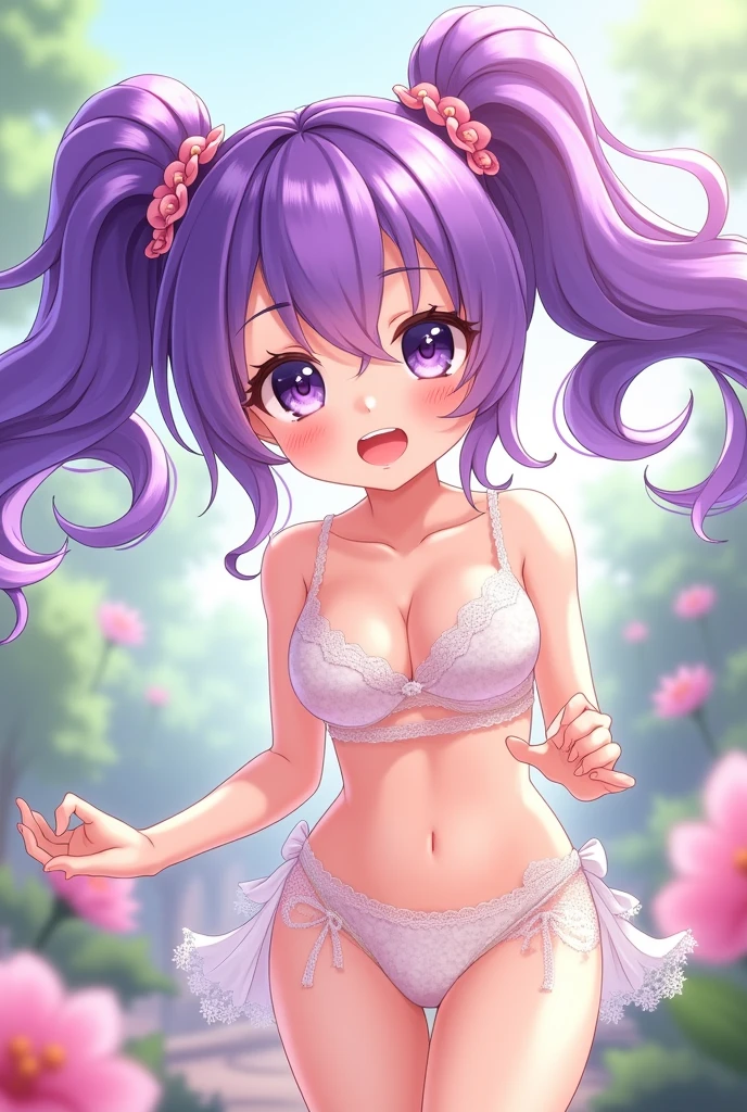 Twin-tailed purple color hair magical little girl Chiabaton young Naughty Poses cute little , underwear, weiße underwear mit spitze