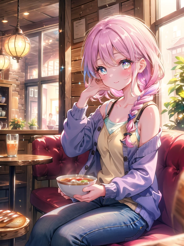 ((8k, Highest quality, masterpiece: 1.3)),Ultra-high resolution,(1 girl, alone), (Color changing eyes, Ultra-detailed, Expressive brilliance, Glitter, Glowing Eyes), Highly detailed eyes, Highly detailed face, Random Hair, ((pastel colour)The woman is seated in a cozy corner of a quaint, rustic café, with a small bowl of vegetable soup and a slice of artisan bread on the table. She’s wearing a casual cardigan over a simple tank top and skinny jeans, her hair loosely braided over one shoulder. The café is quiet, with soft background music playing and warm, ambient lighting. She looks at the camera with a shy, endearing smile, her cheeks slightly flushed as if she’s embarrassed by a compliment, her eyes sparkling with a mix of joy and modesty.