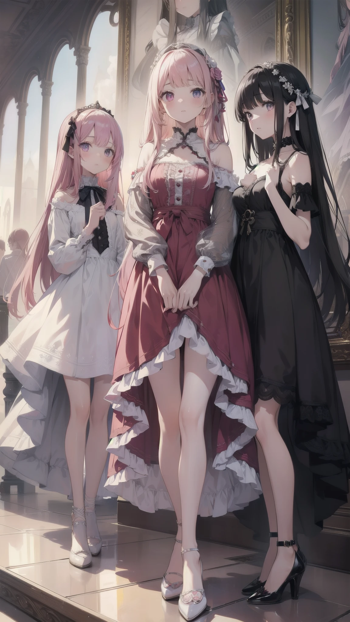 Masterpiece Top Quality
Three Girls Adorned in Delicate Dresses, their Faces Reflecting Fear and Anxiety, Akin to the Squid Game Characters
1. With Straight Long Hair, their Eyes Wide and Full of Trepidation, Pale as the Moon
2. A Young Adolescent, possibly , resembling Chiquita
3. A Matured Girl, Perhaps , exuding an Alluring Gaze
The girls stand at the foot of a grand staircase, their eyes fixed on the Shiny Pink World above, a Dreamland, adorned with Ribbons,provocative,despise