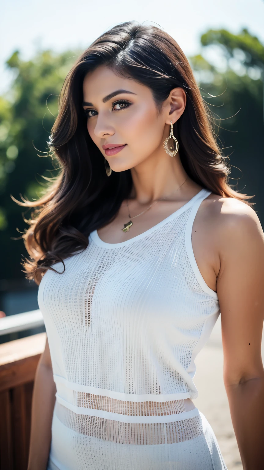 Portrait of a confident looking woman with long thick hair, Hazel eyes, tight white pants with a white sleeveless blouse , a smile on the face, a lustful look, standing in the garden, C cup breast, firm buttocks, firm legs, perfect composition, Hyper realistic, super detailed, 8k, high quality, trend art, trend on Artstation, sharp focus, studio photo, intricate details, Very detailed, arte de greg rutkowski.