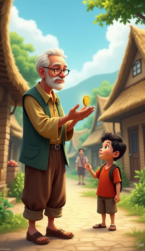 Older man standing village and hold in hand one coin for helping onder villager come and see cartoon 