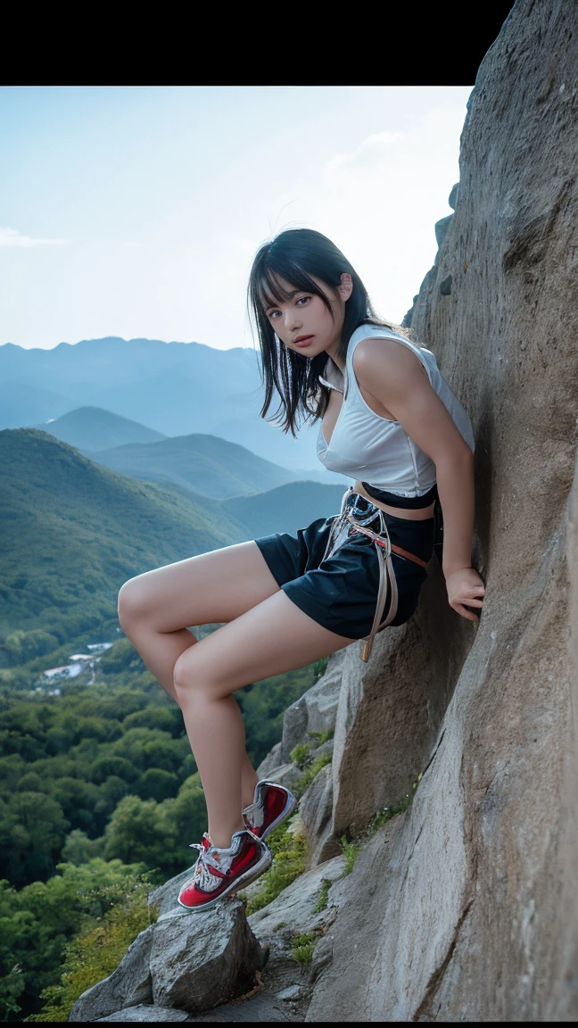 28age、Very beautiful woman、sexy、Clothes are not taken off、(Rock climbing up the side of a towering peak, Wear practical hiking gear, Her muscular legs pushing her up, A breathtaking view from the summit below her.:1.4) , Large Breasts:1.1、H cup breasts:1.2、Cleavage spilling out of the blouse:1.3、Narrow waist (Beautiful Skin), (Beautiful Eyes), Cellulite, (Detailed skin, Skin wounds:1.2) 24mm, Soft cinematic light, RAW Photos, Complex, elegant, Very detailed, Sharp focus, ((((Cinematic look)))), soo薄いg tones, Insane Details, Ultra-detailed, Low contrast, Exposure Blending, High resolution, Faded, Canon Ae-1で撮Shadow, 昔ながらの35mmフィルムで撮Shadow, (Analogue photography), Shadow, 1 1 1.4, ISO 800 Grain, 超High resolution, Highest quality, masterpiece, ((Color images)), Intimate, drop Shadow, Clear Background, (Highest quality:1.2), (Very detailed:1.1)
