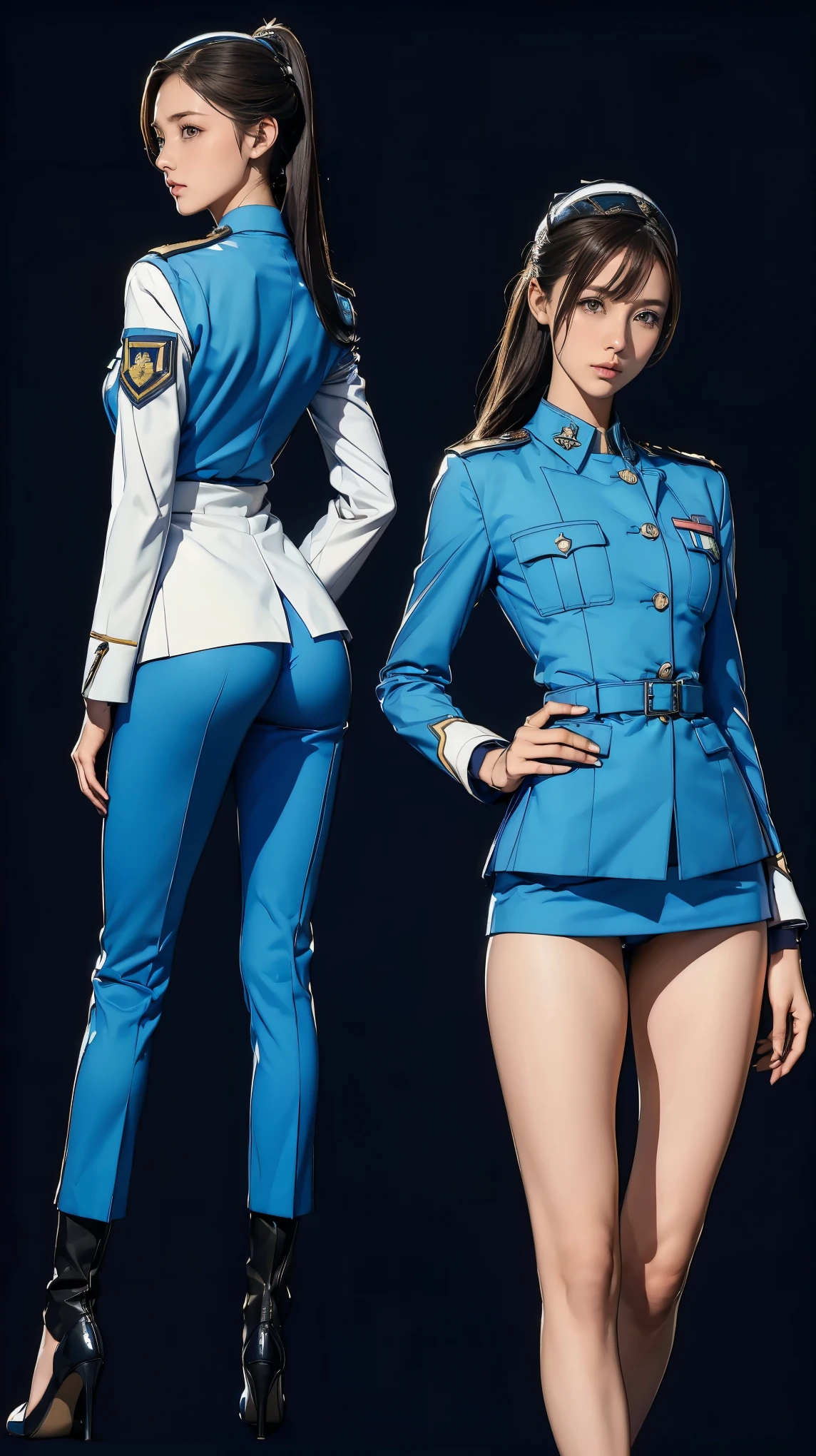 ((masterpiece)),(((highest quality))),((Reference Sheet, Character Design, front, return, ~ ~ ~ side, Mr...々Hairstyle, Mr...々performance, Facial Expressions)), -yeld gi Cute type, (Very slim:1.4), (Very small ass:1.4), Realistic buttocks, (Big Breasts:1.3), Short Bob, Thin thighs, Long legs, It's not a big deal,(A female Earth Federation officer is walking), (Wearing Earth Federation military uniform, Light grey and light blue military uniform),(Worn by federal government employees&#39;White Hat:1.5)