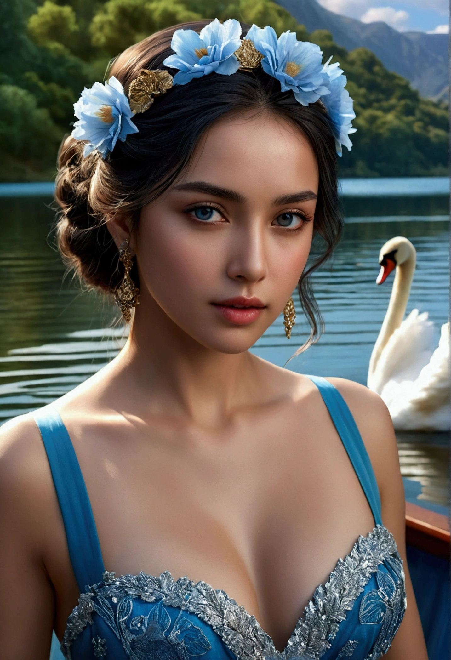 (Ana de Armas:Nataile Portman:0.7), high quality fingers, normal hands, detailed fingers,masterpiece, (realistic, photo-realistic:1.37), ( korean girl), in translucent blue saree, traslucent blue bra, a big flower on her hair, mountains, lake, trees, clouds, medium breast, small waist, dark black hair, beautiful face, perfect illumination, beautiful detailed hazel eyes,looking at viewer, stunningly beautiful woman, detailed hairstyle, fantasy detailed background, detailed fantasy background, (sweat:1), falling petals, open hair, wind, fireflies, bathing in the lake, boat, swan,gorgeous digital art, very beautiful digital art, close up fantasy with water magic, beautiful fantasy art, beautiful digital painting, beautiful digital illustration, gorgeous digital painting