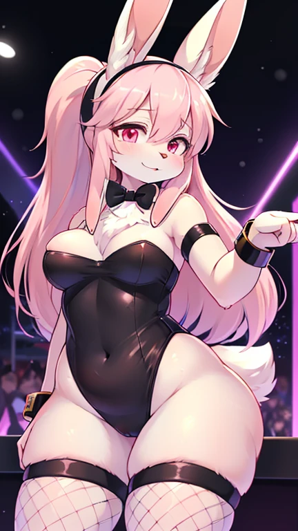 best quality, best resolution, (fluffy anthro furry), bunny girl, light pink hair, long hair in a ponytail, pink eyes, long rabbit ears, (snow white fur), medium breast, thick thighs, (black strapless leotard, hairband with rabbit ears, bowtie, cuffs, fishnet stockings), night club