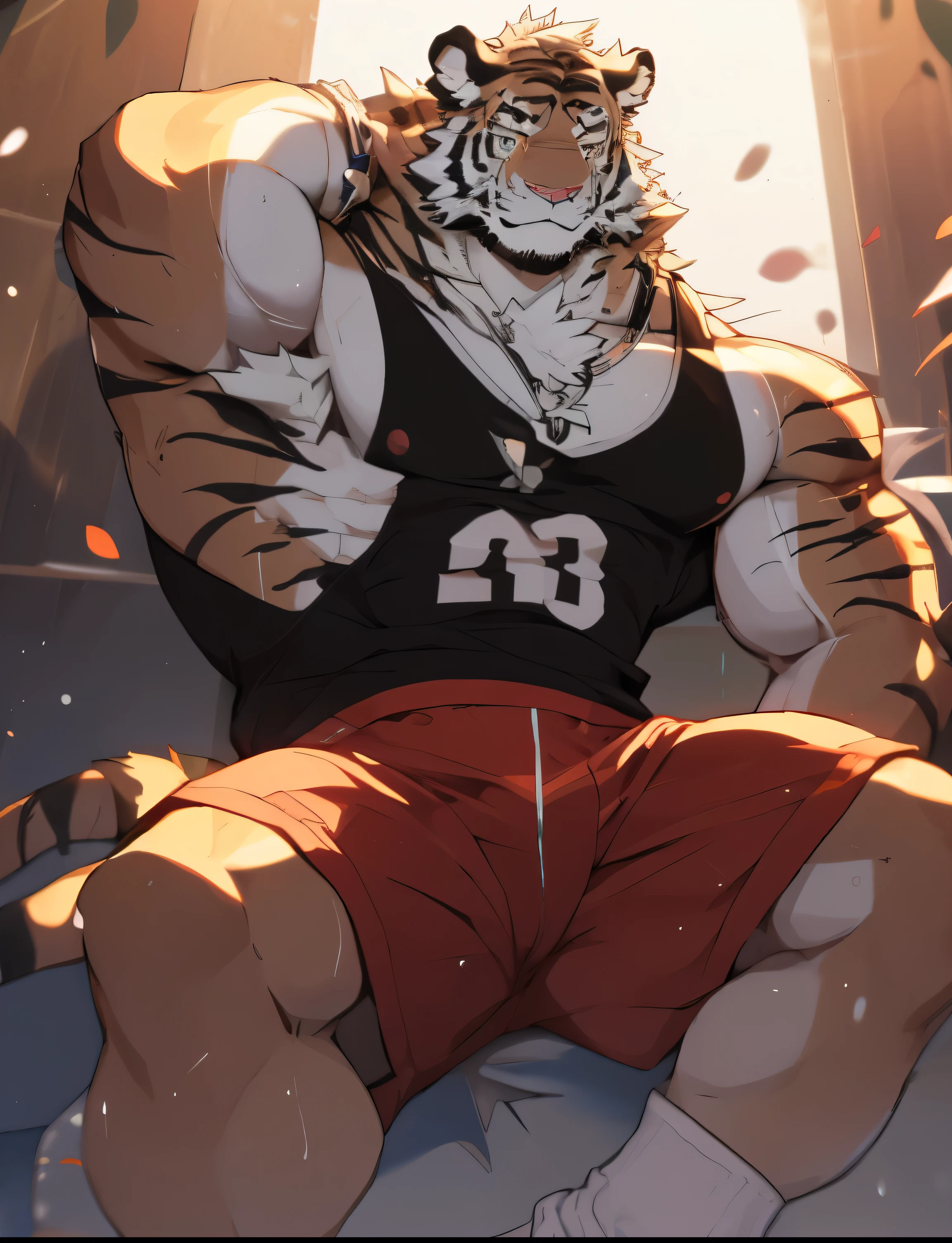 furry, Ultra-clear, tiger, wearing white socks, dirty socks, gym shorts, just finished sports, beads of sweat, 16k, full body portrait, Full body close-up, Facial clarity, Bright Eyes, delicate eyes, solo focus, Main body gray, Canidae, felines, tigers, male, juvenile, student, high school student, sports student, young, Tough Guy, Silver-gray hair, golden eyes, Eyes as bright as the sun, tall and strong, Muscles all over the body, Large pectoral muscles, 8 pack abs, Powerful biceps, thick tail, thick arms, generous palm, wide and thick wolf claws, wide and thick animal feet, sharp animal claws, sharp wolf claws, Perfect body proportions, Handsome, cute, Cool, youth, Aloof, Looks sunny, Strong build, Young face, Powerful and domineering, Be honest and honest, Humble, sexy, Aggression, hormones, Middle two diseases, -graderrome, half naked, no clothes, No shirt, shirtless, briefs, barefoot, no shoes, cold, indifferent, Poker face, stand, upright, hands in pockets, looking at the audience, erectile, tempting