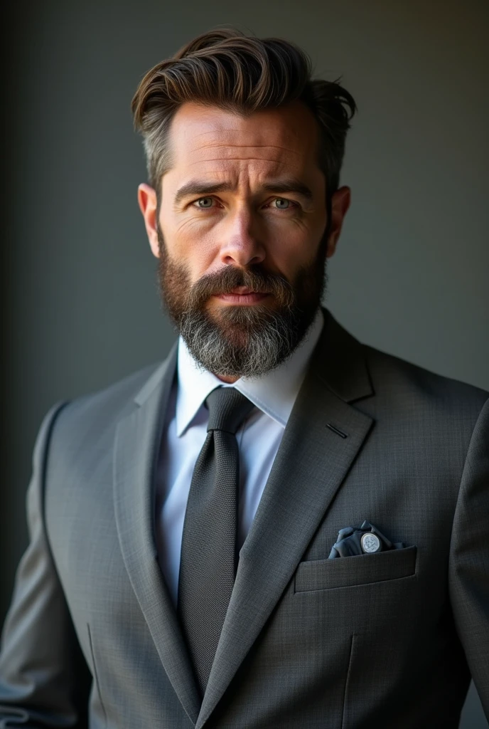 handsome man in suit, forty years old , beautiful beard , executive sexy man, gray suit