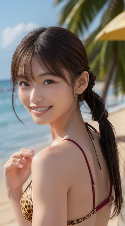 ((highest quality, 8K, masterpiece :1.3)), 1 girl, A cute woman who emphasizes her slender abdominal muscles :1.3, (brown hair, twin tails, small breasts:1.2), wet body:1.2, Summer night beach, super detailed face, Highly detailed eye resolution, double eyelid、bikini、raise the corners of the mouth、beach、Lying on the beach、gravure pose、hair blowing in the wind、smile、white teeth、Hold your chest together with both hands、blue sky、Low - Angle、female leopard、raise both hands high、(A single firework goes off)masterpiece、Highest quality、High resolution、Tabletop、wallpaper、Realistic、Bright lighting、Professional Lighting、Face Light、Smooth lighting、Japanese women、Adult、Beautiful woman、action、gravure、sexy、so beautiful、Beautiful Skin、Beautiful and detailed、Detailed face、slim、moderately、Twisted Side Part Ponytail Braided Headband、short hair、Brunette Hair、Brown eyes、Looking into the camera、Tropical Beach, Pretty face, Symmetrical eyes, smile, Showing teeth, Wet Skin, Small breasts,Bust A cup,Shiny colorful high cut micro bikini, Shiny water-repellent swimsuit, Blurred Background, 超High resolution, Backlight, Top-down angle,whole body、Accurate 5 fingers, software, Stand with your back arched,, Bony body, 1 person、Pulling on clothes