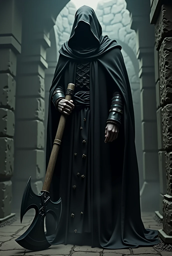 CREATE THE CHARACTER WITH THE FOLLOWING COMMANDS.
gloomy style: The character must be shrouded in shadows, with minimal lighting that highlights the most sinister details of his figure.
Hood and Dark Clothing: The executioner is dressed in a long black cape that covers his body, leaving only his arms and face visible under a deep, black hood. The garments have rough and worn textures, giving the appearance of having been used in countless executions.
great axe: He holds a big
